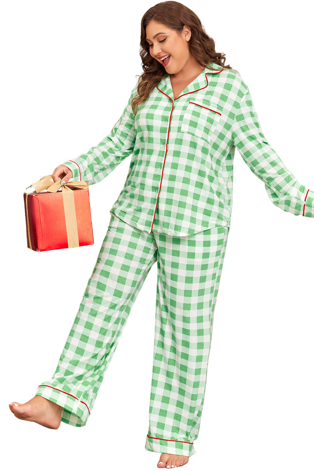 Green Plaid Print Contrast Trim Long Sleeve Pajama Set