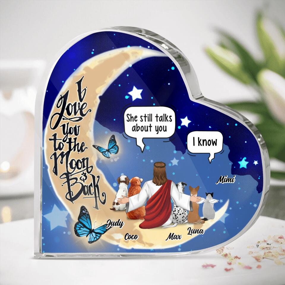Personalized Memorial God & Dog/Cat Sitting On Moon Heart-Shaped Acrylic Plaque - Up to 5 Pets - Memorial Gift Idea For Loss Dog/Cat
