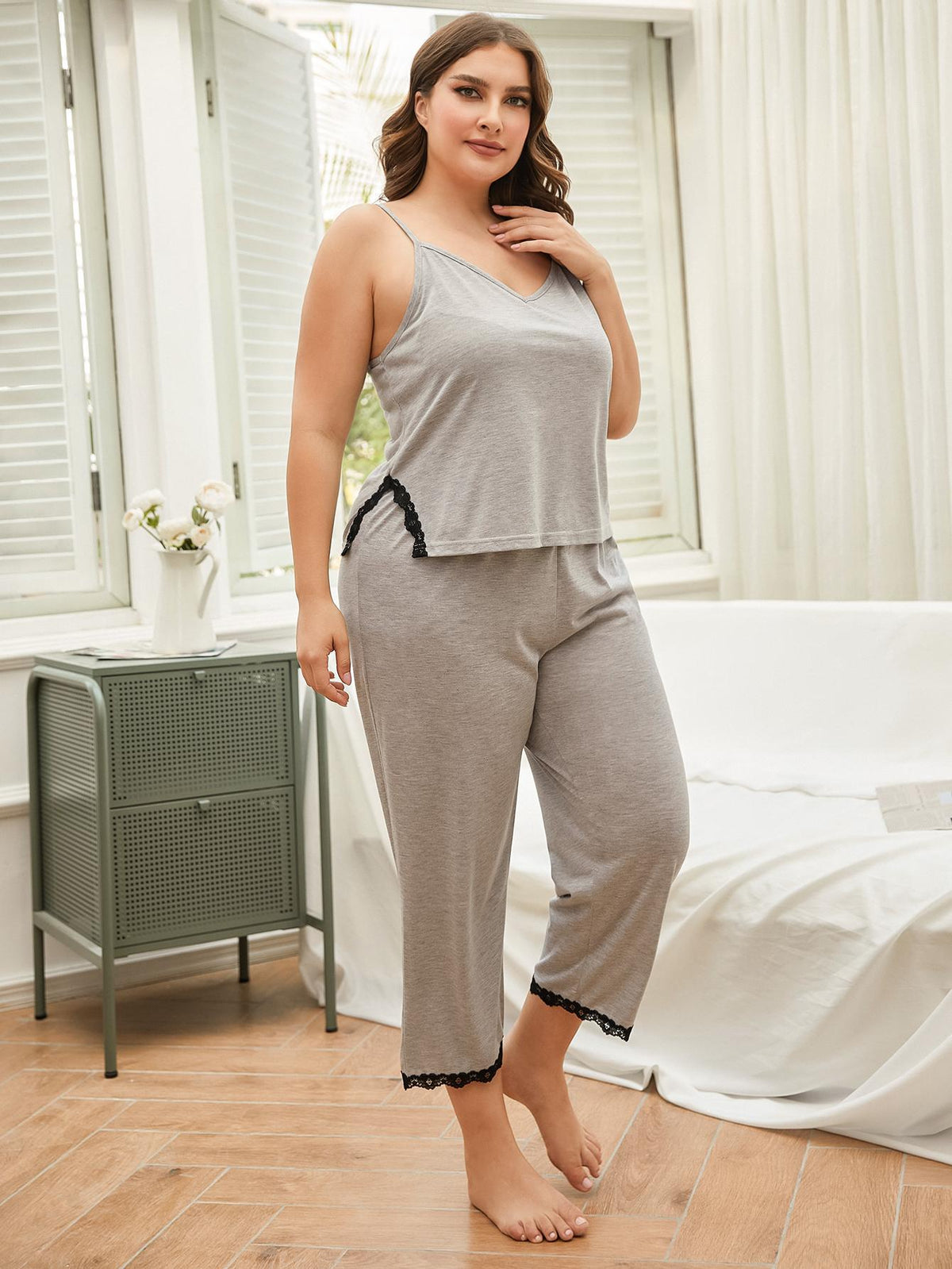 Lace Trim Slit Cami and Pants Pajama Set