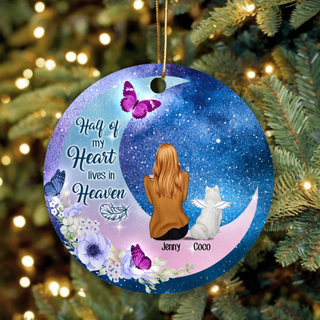 Personalized Memorial Pet Mom Flower Moon Ornament - Woman With Up to 4 Pets - Best Gift For Cat/Dog Lover - Half Of My Heart Lives In Heaven
