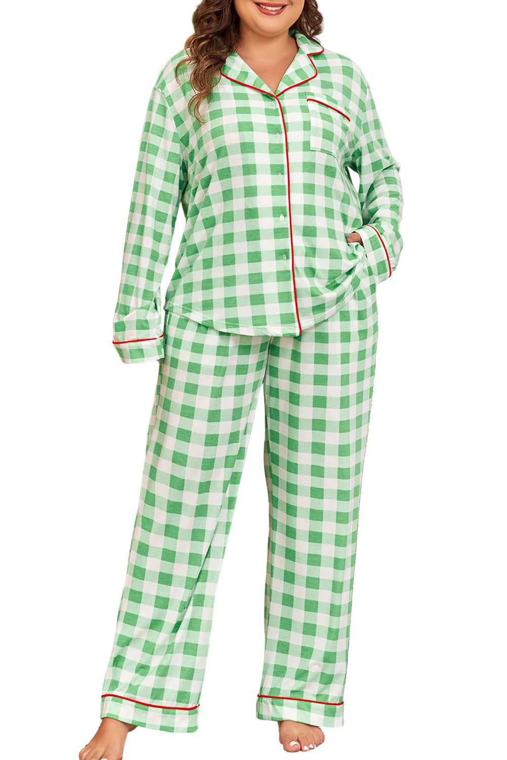 Green Plaid Print Contrast Trim Long Sleeve Pajama Set