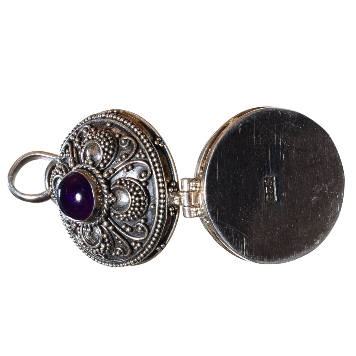 Sterling Silver Amethyst Locket Pendant - Vintage .925 Silver (32mm)