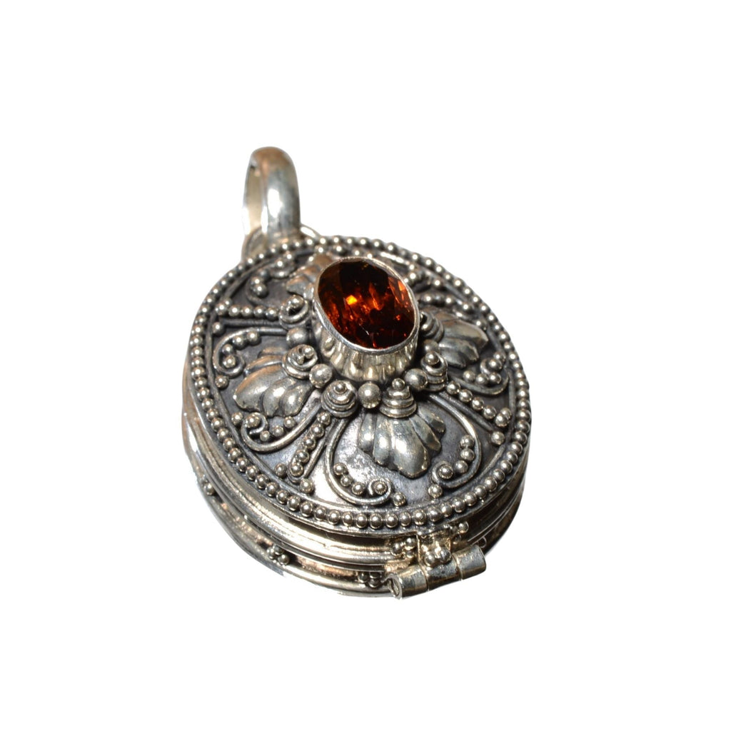Vintage Sterling Silver Oval Locket with Faceted Red Crystal - 925 Silver Pendant