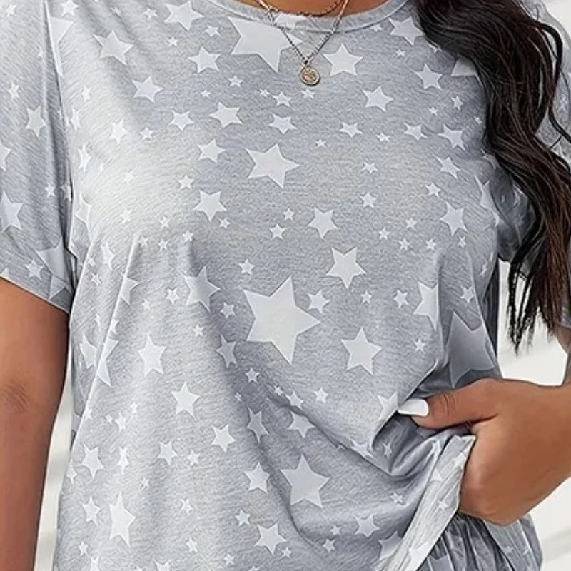 Silk Pajamas Ladies Set T-Shirt Shorts 5xl Home Wear Women Sleepwear Fashion Soft Cartoon Casual Star Moon Nightwear