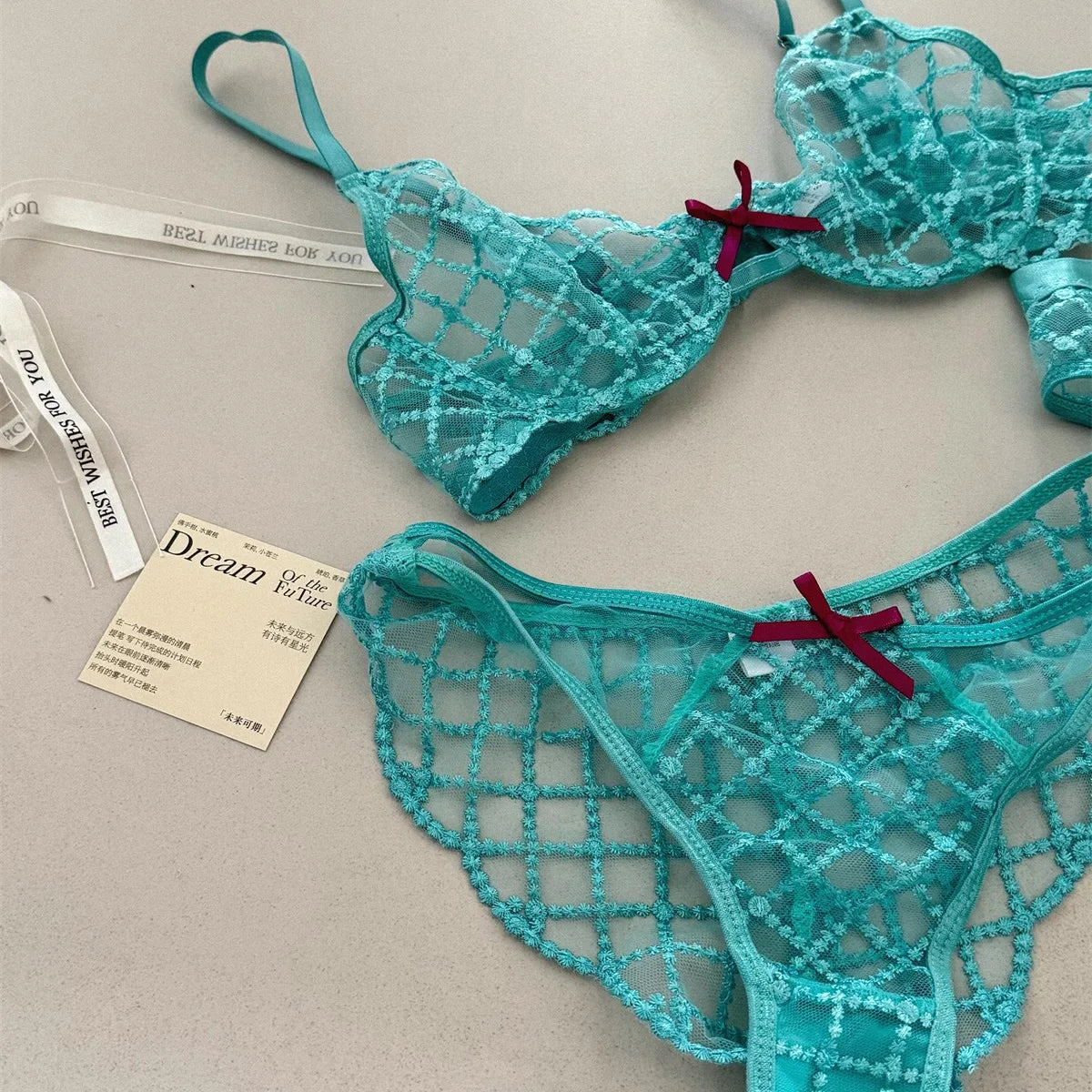 Bra + Panties + Garter, Lace Ultrathin Transparent Push Up Women Sexy Sleep Underwear Sets Lattice Push Up Women's Blue