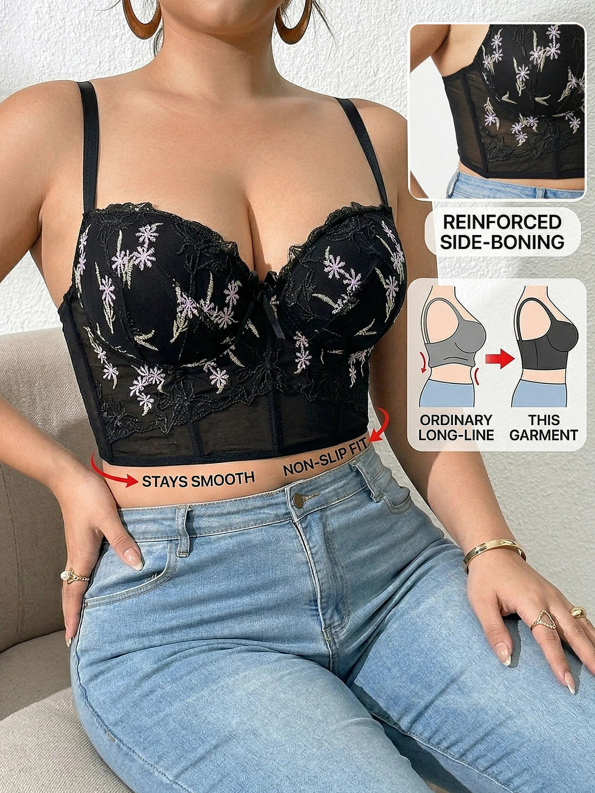 Floral Embroidered Lace Bustier Bra – Push Up, Tummy Control & Non-Slip Corset Top