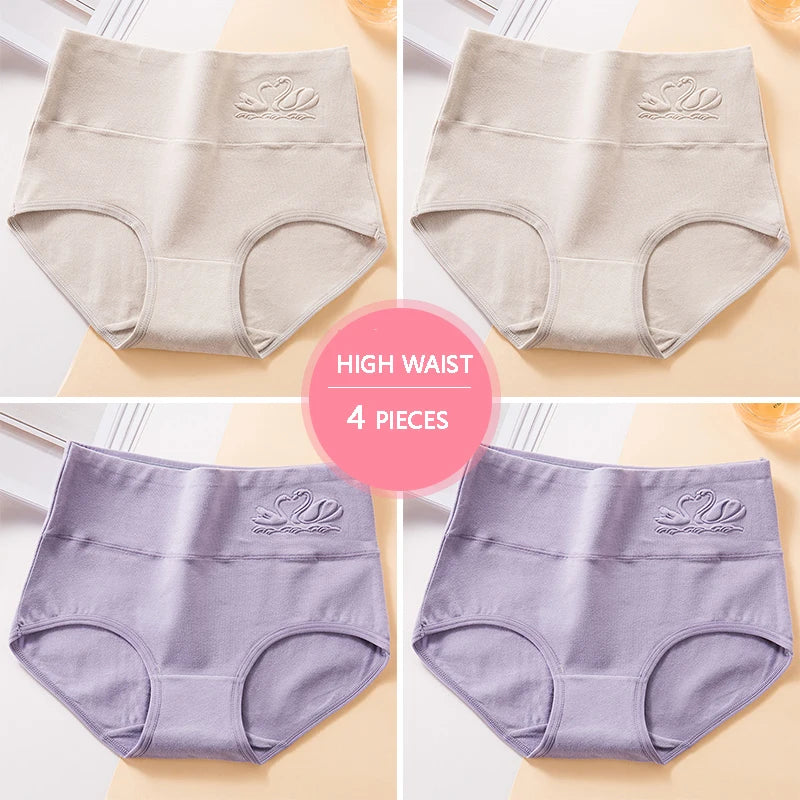 M-5XL 4Pcs/Set High Waist Cotton Panties Women Body Shaper Underwear Soft Print Girls Briefs Slimming Female Lingerie
