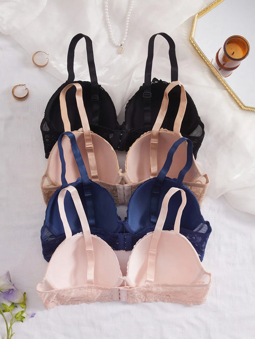 4PCS Lace Women's Underwear Set Underwire Push Up Bra Rhinestone Bow Comfort B C D Thin Cup Bras Women