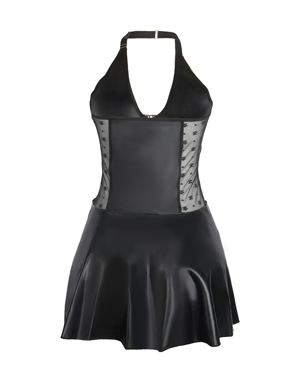 Baby Doll Black PU Leather Lace Sexy Halter Dress With Garter Belts Daring Lingerie for Women Club Wear Ladies Dresses
