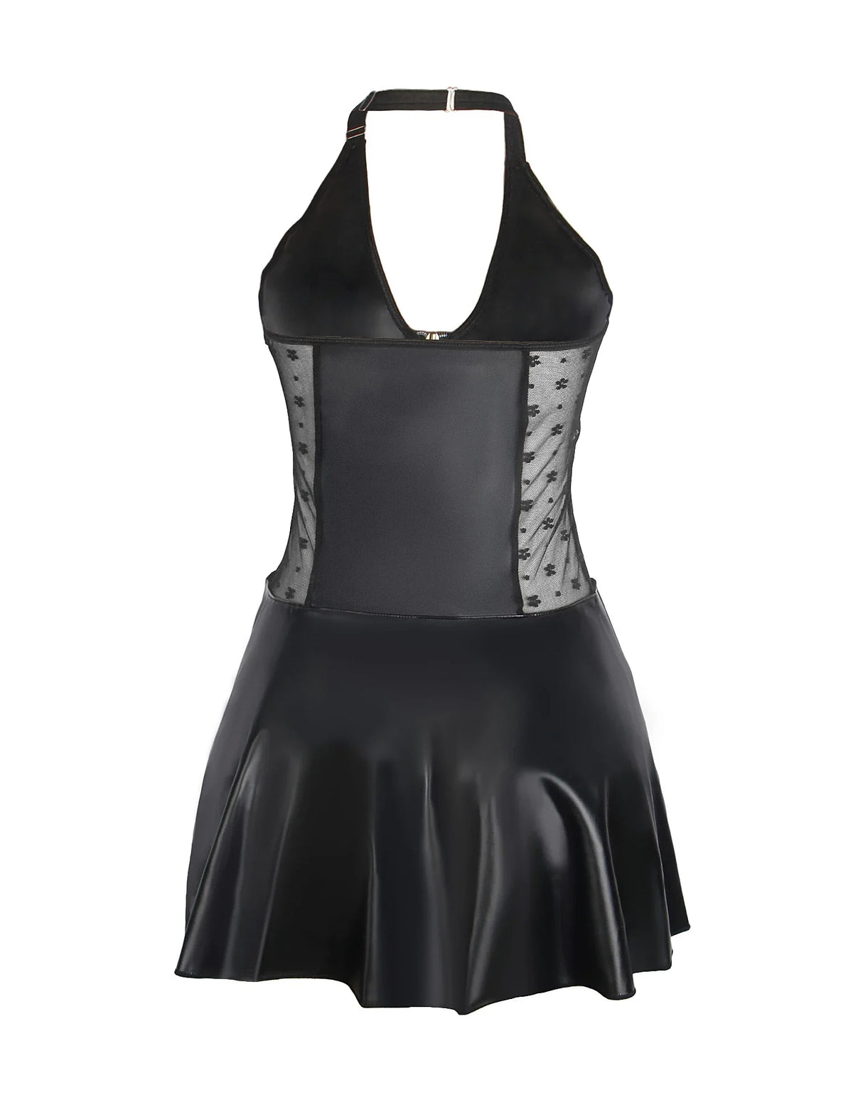 Baby Doll Black PU Leather Lace Sexy Halter Dress With Garter Belts Daring Lingerie for Women Club Wear Ladies Dresses