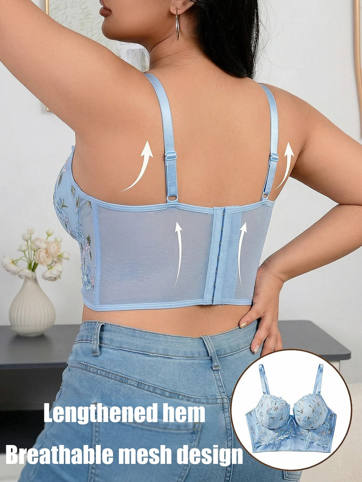Floral Embroidered Lace Bustier Bra – Push Up, Tummy Control & Non-Slip Corset Top