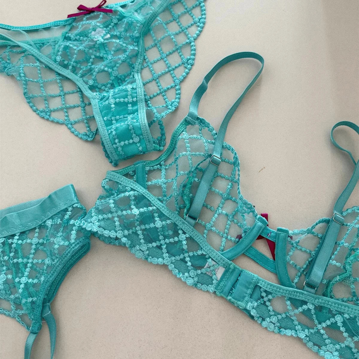 Bra + Panties + Garter, Lace Ultrathin Transparent Push Up Women Sexy Sleep Underwear Sets Lattice Push Up Women's Blue
