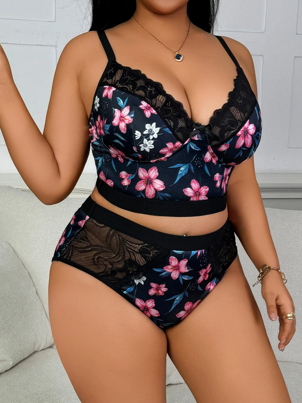 Lace Floral Print Lingerie Set Sexy Wireless Bra Push-Up Thin Breathable Seamless Adjustable
