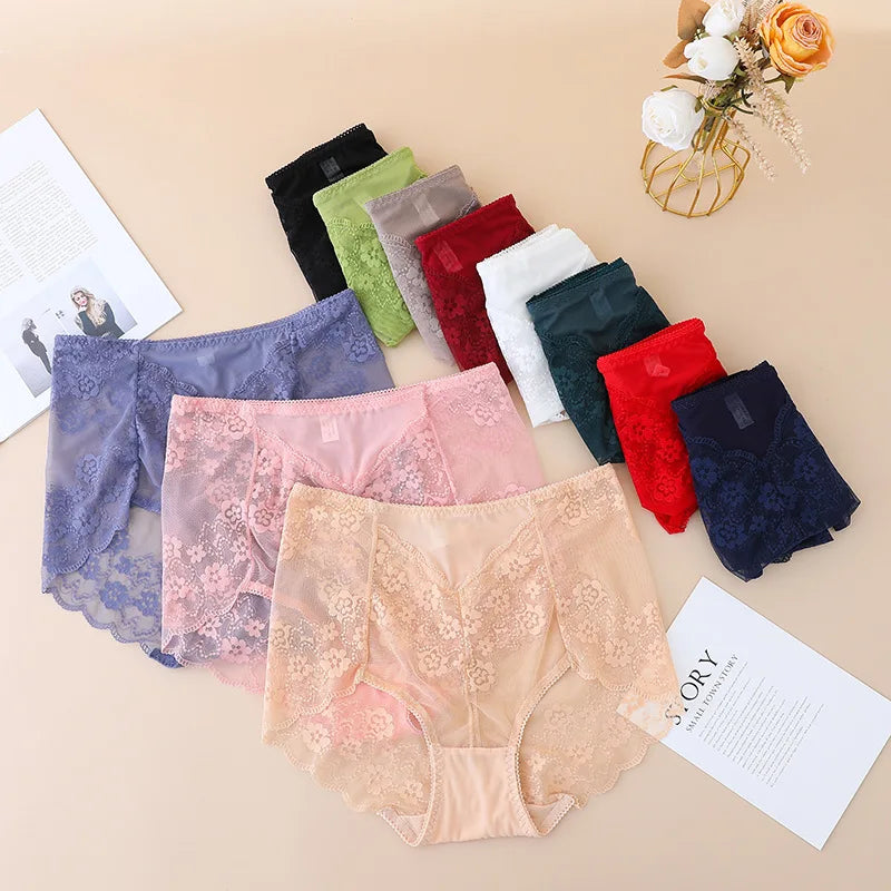 Women High Waist Panties Sexy Lace Mesh Floral Transparent Briefs Fashion Underpants Lingerie Seamless Underwear