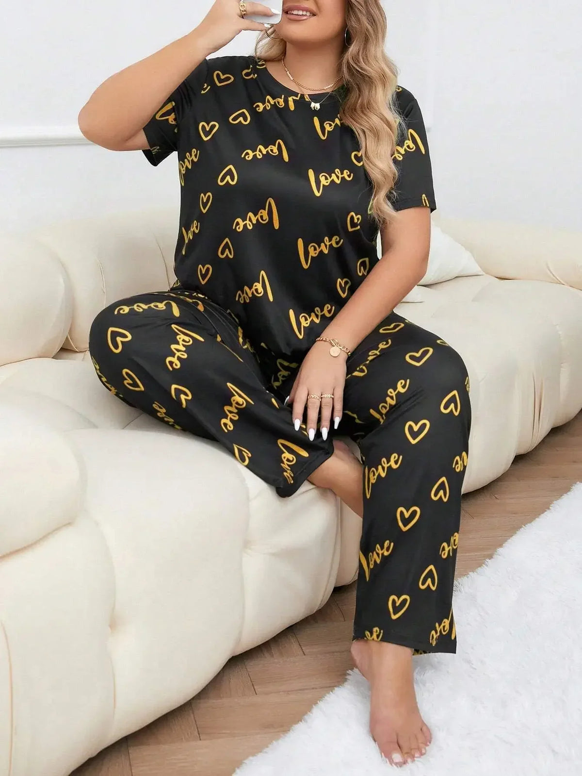 3XL 4XL 5XL Sleepwear Heart Letters Print 2 PCS Pajama Set Women's Casual Short-Sleeve Top and Pants Loungewear