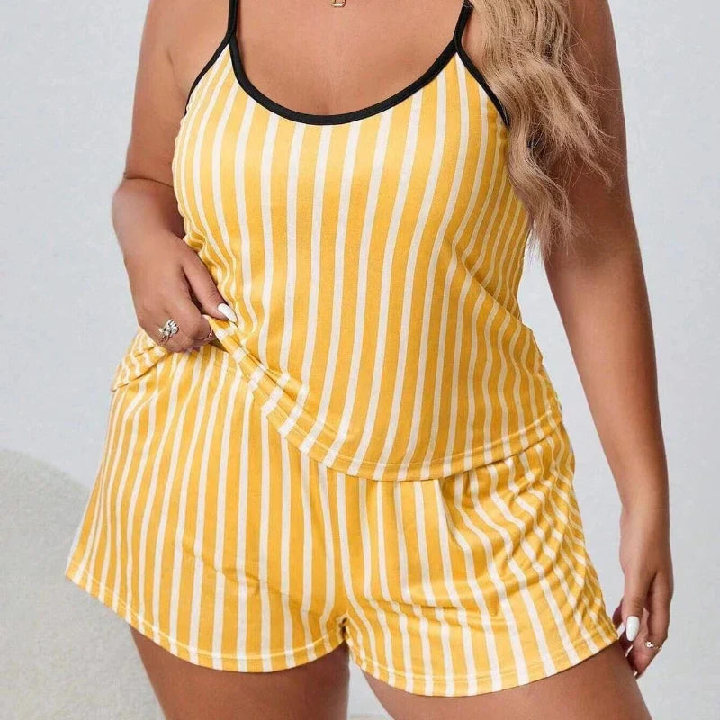 Striped Women Pajama Set Sleeveless O Neck Top & Elastic Waist Shorts Heart Print 2 Pieces Female Sleepwear Nightwear