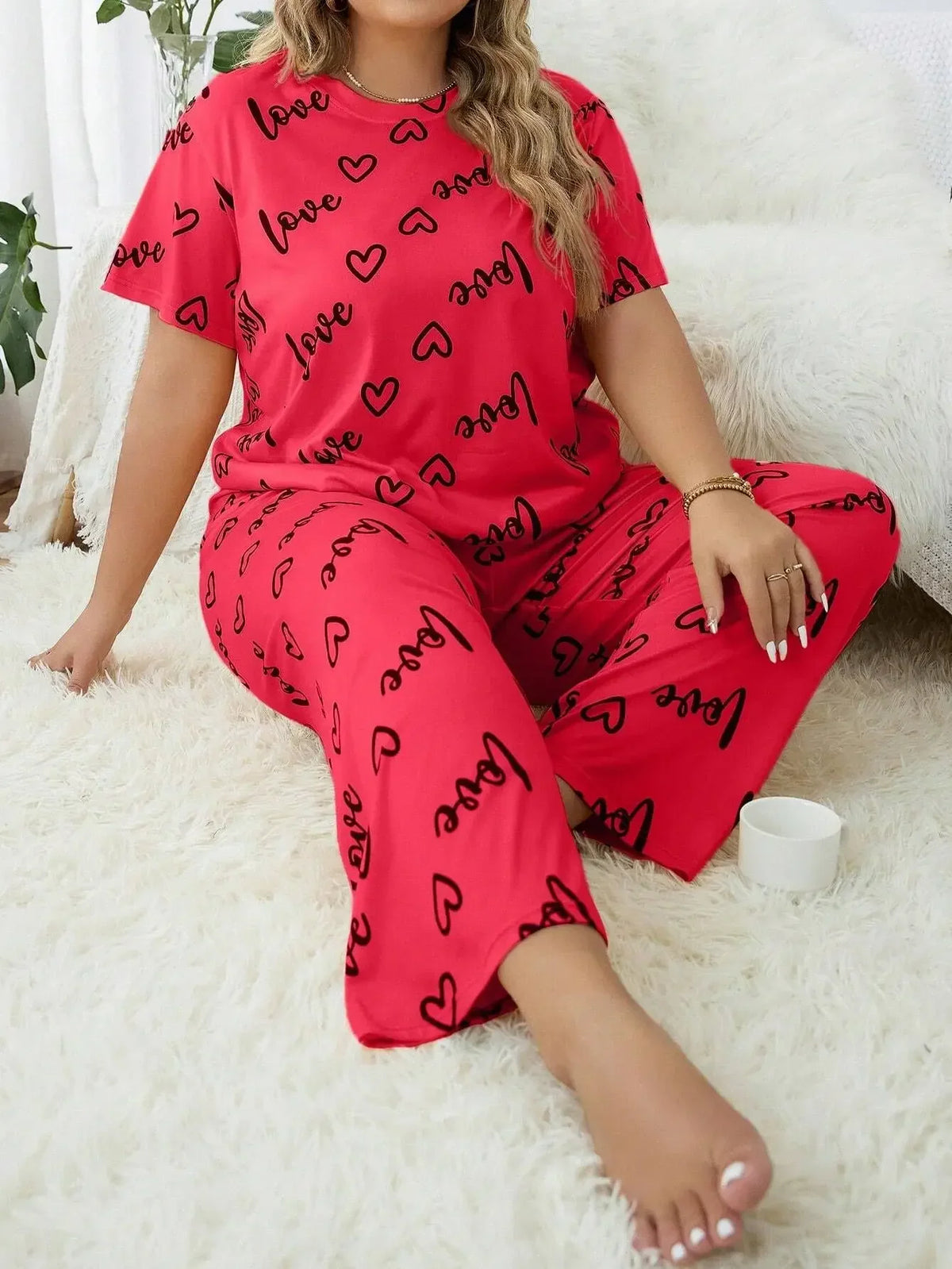 3XL 4XL 5XL Sleepwear Heart Letters Print 2 PCS Pajama Set Women's Casual Short-Sleeve Top and Pants Loungewear