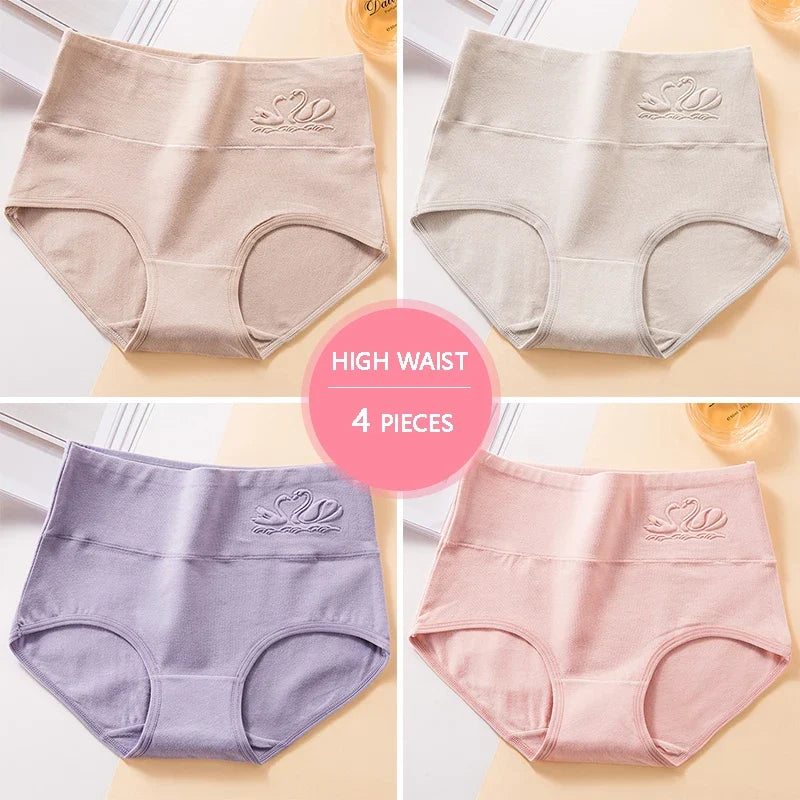 M-5XL 4Pcs/Set High Waist Cotton Panties Women Body Shaper Underwear Soft Print Girls Briefs Slimming Female Lingerie