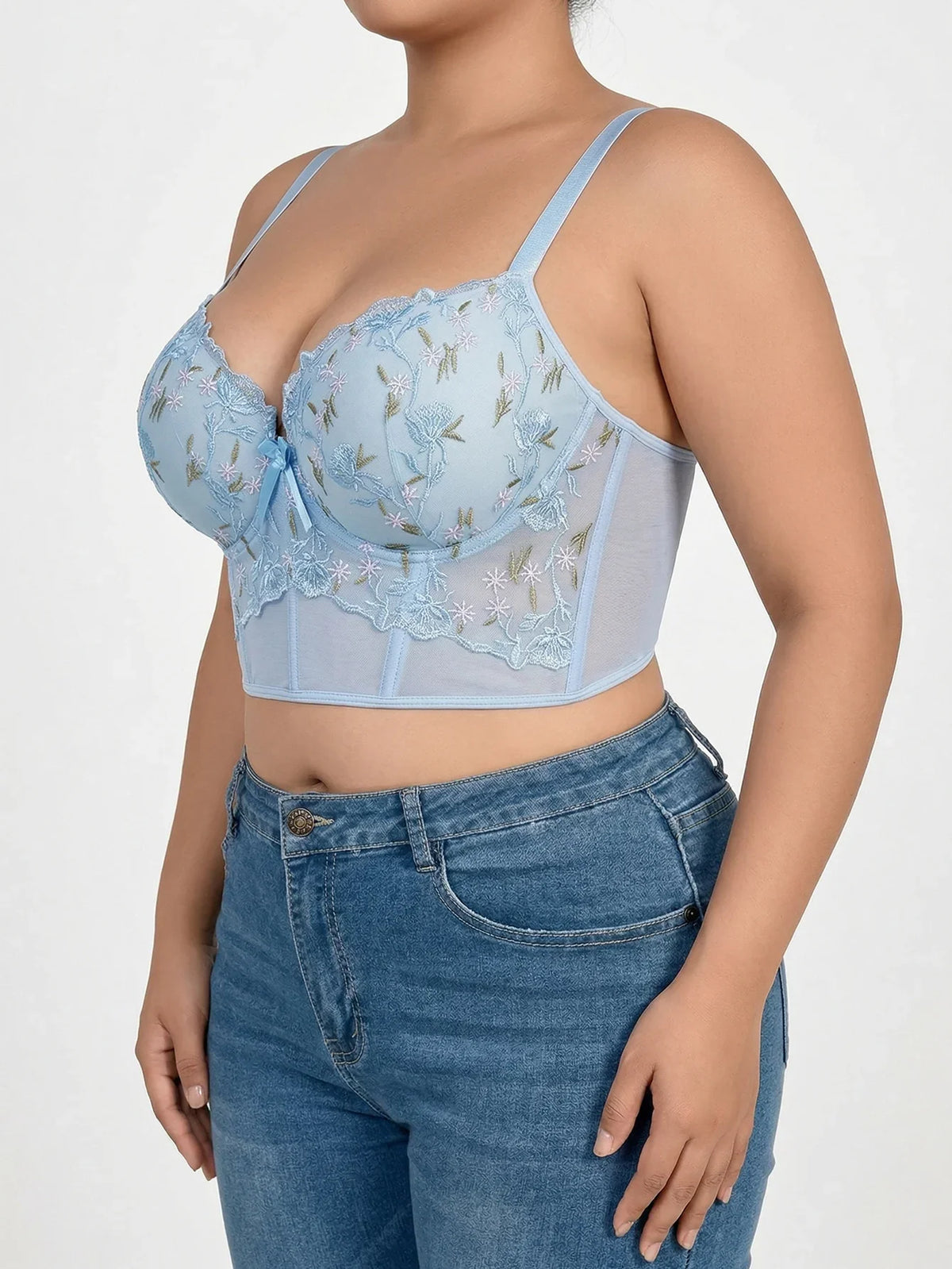 Floral Embroidered Lace Bustier Bra – Push Up, Tummy Control & Non-Slip Corset Top