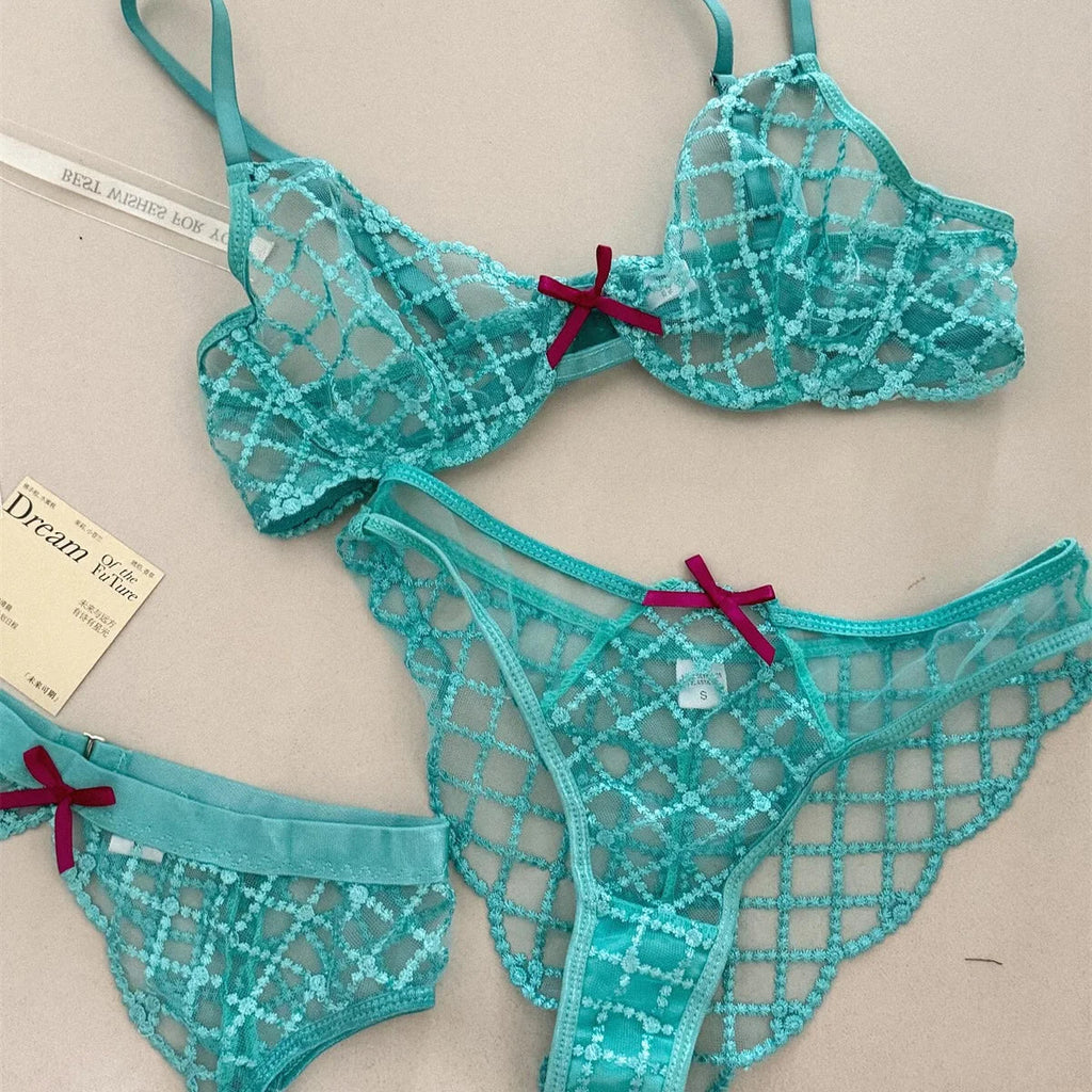 Bra + Panties + Garter, Lace Ultrathin Transparent Push Up Women Sexy Sleep Underwear Sets Lattice Push Up Women's Blue