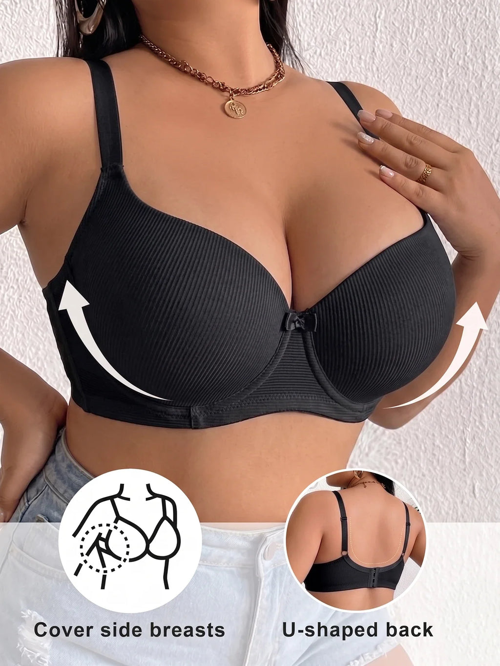 Women's B C D Thin Cup Ribbed Push Up Bra Wide Straps Underwire Side gather Lingerie Comfort Ladies Brassiere