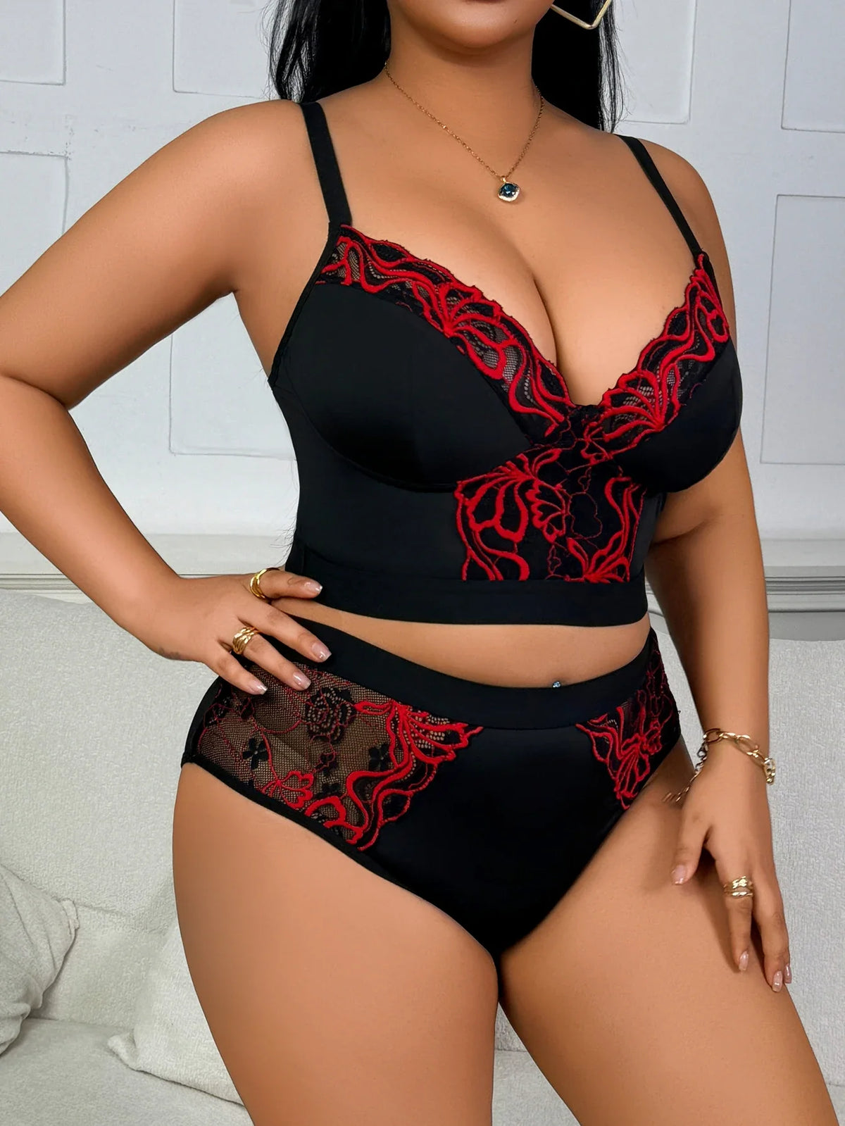 Black Red Embroidery Lace Splicing Lingerie Set Wireless Minimizer Bra Sheer Breathable Seamless