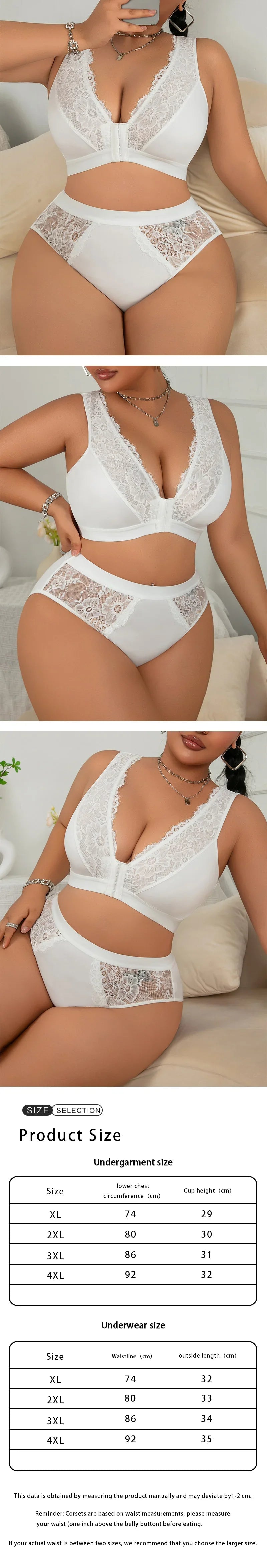 Front Closure Lingerie Set, Unpadded Lace Open Back Wireless Full Bust Support Bra