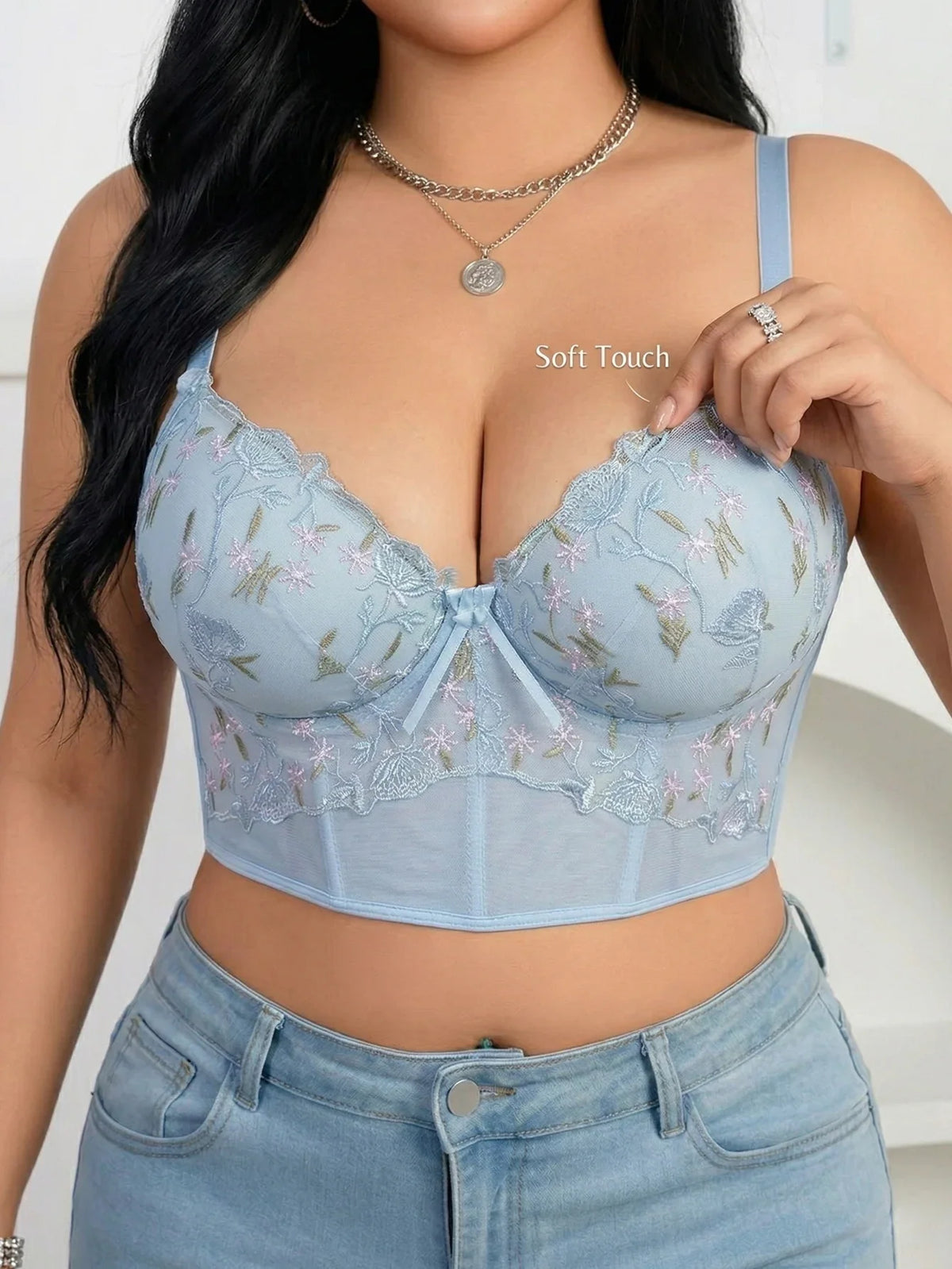 Floral Embroidered Lace Bustier Bra – Push Up, Tummy Control & Non-Slip Corset Top