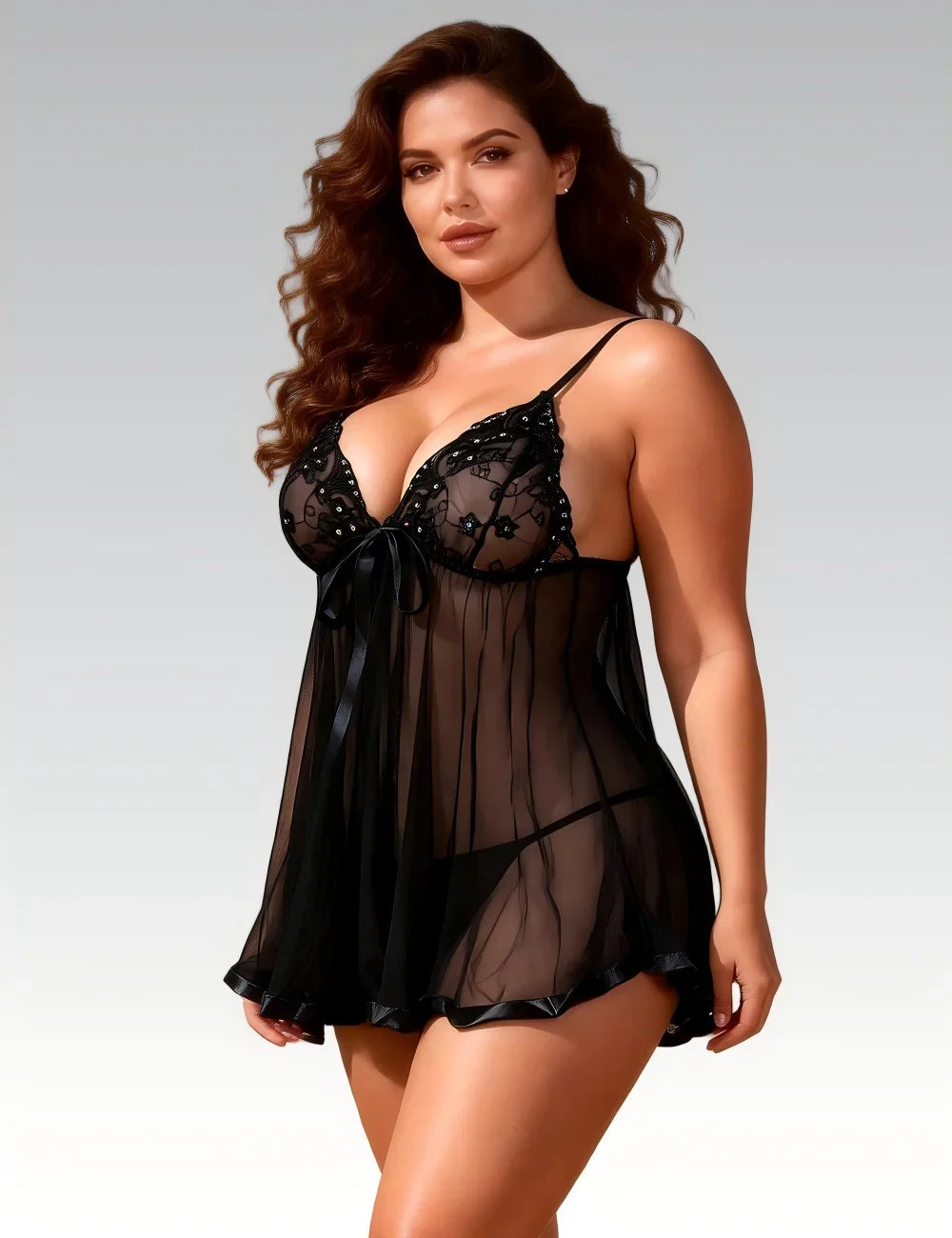 7XL Transparent Sequin Nightgown for Women Mesh Embroidery Sheer Pajamas Sexy Sleepwear Honeymoon Dress