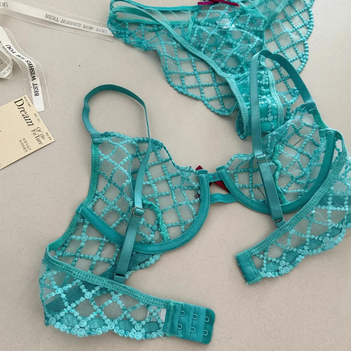 Bra + Panties + Garter, Lace Ultrathin Transparent Push Up Women Sexy Sleep Underwear Sets Lattice Push Up Women's Blue