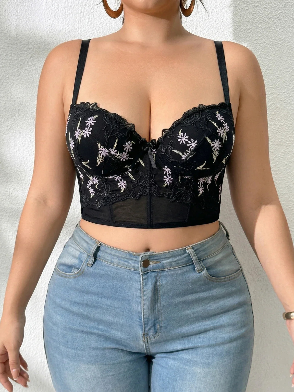 Floral Embroidered Lace Bustier Bra – Push Up, Tummy Control & Non-Slip Corset Top
