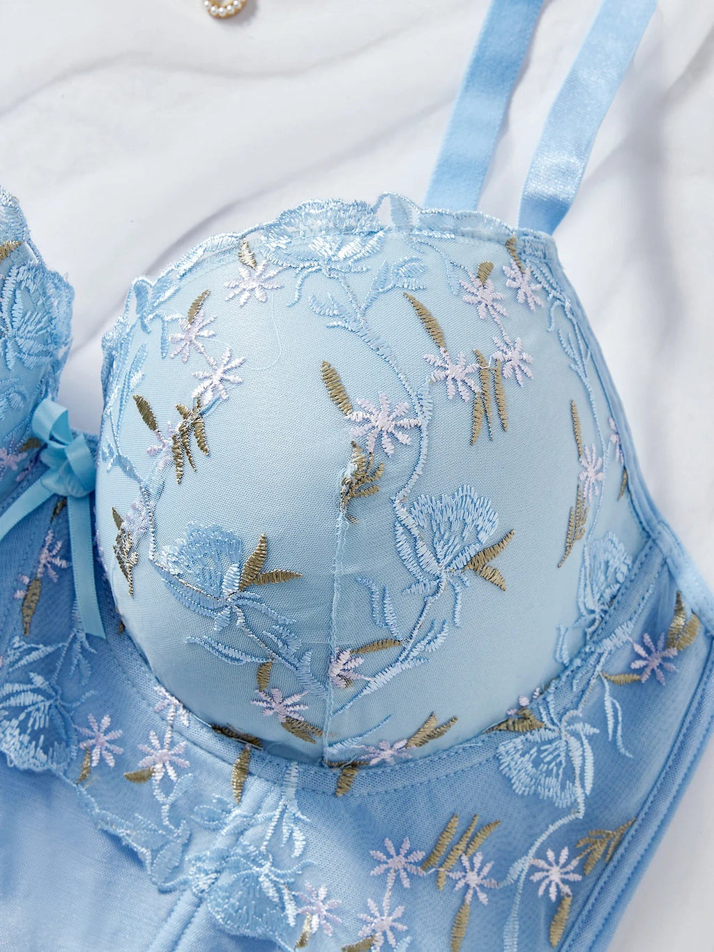 Floral Embroidered Lace Bustier Bra – Push Up, Tummy Control & Non-Slip Corset Top