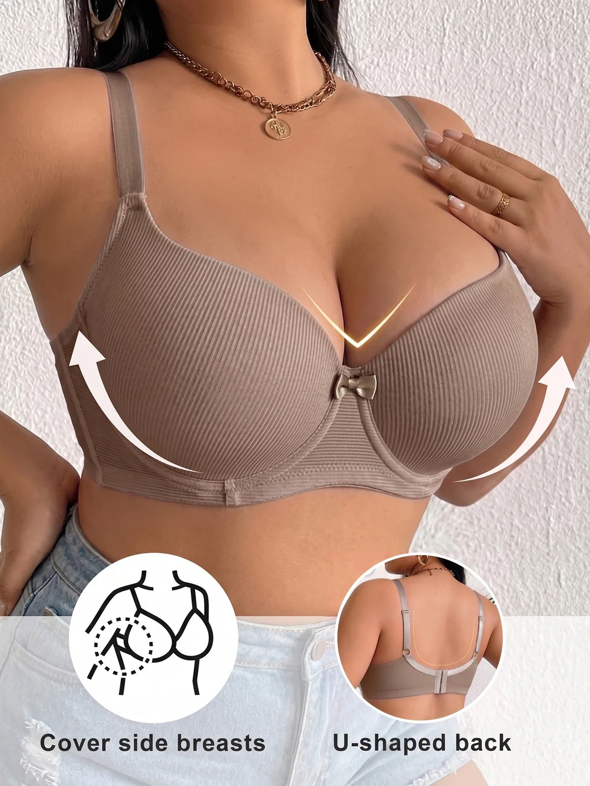 Women's B C D Thin Cup Ribbed Push Up Bra Wide Straps Underwire Side gather Lingerie Comfort Ladies Brassiere