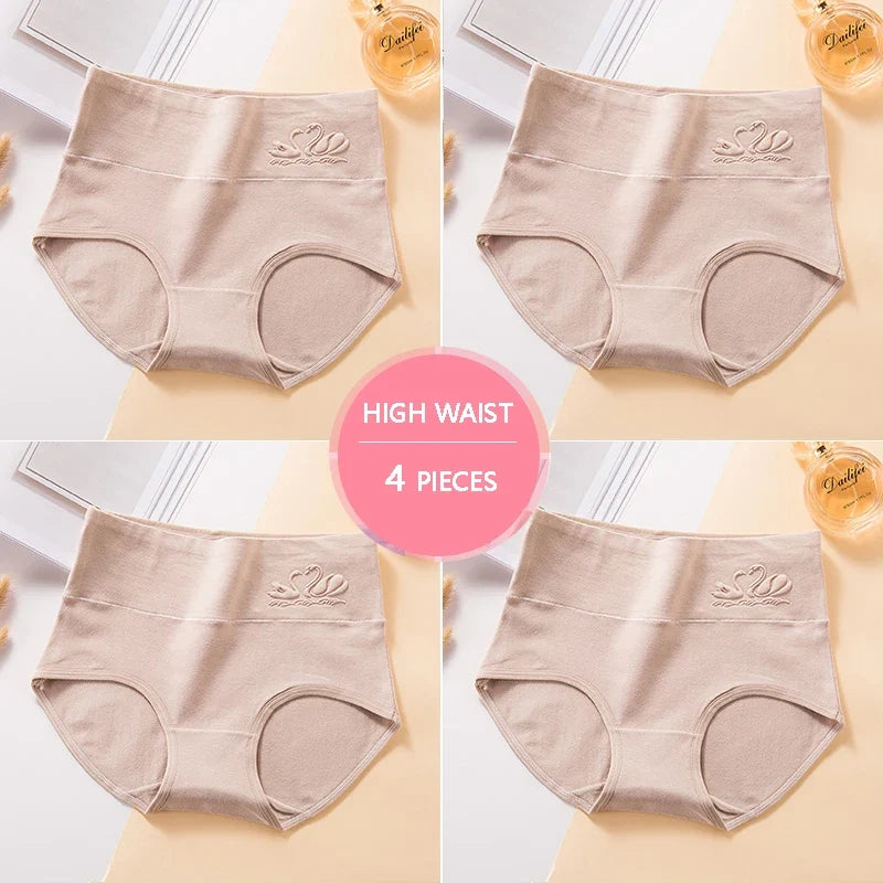 M-5XL 4Pcs/Set High Waist Cotton Panties Women Body Shaper Underwear Soft Print Girls Briefs Slimming Female Lingerie