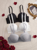 3Pcs Women's Bras Lace Trim B C D E Thin Cup Ribbed Push up Bra Underwire Side Support Soft Women's Underwear Set