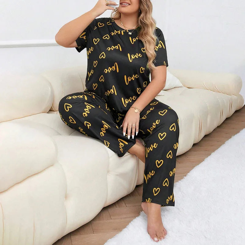 3XL 4XL 5XL Sleepwear Heart Letters Print 2 PCS Pajama Set Women's Casual Short-Sleeve Top and Pants Loungewear