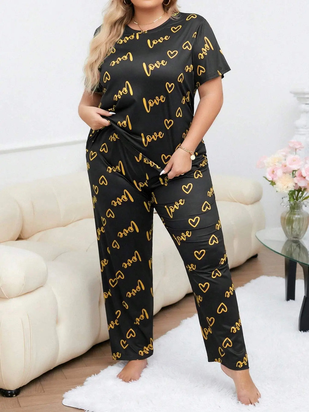 3XL 4XL 5XL Sleepwear Heart Letters Print 2 PCS Pajama Set Women's Casual Short-Sleeve Top and Pants Loungewear