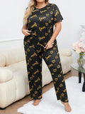 3XL 4XL 5XL Sleepwear Heart Letters Print 2 PCS Pajama Set Women's Casual Short-Sleeve Top and Pants Loungewear