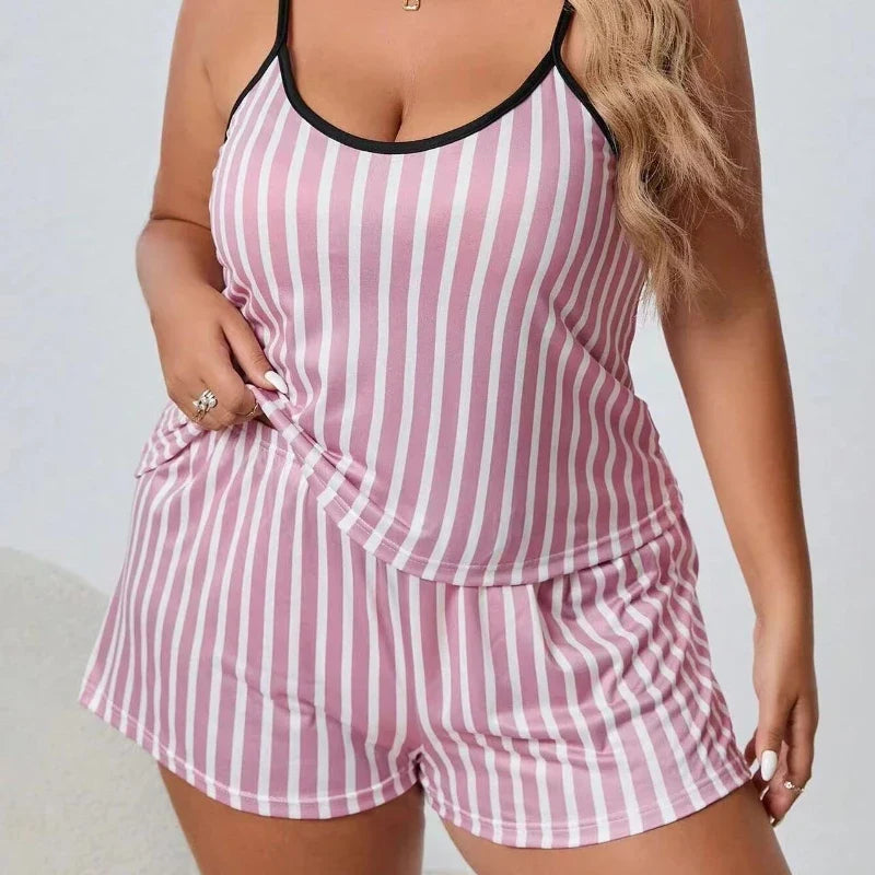 Striped Women Pajama Set Sleeveless O Neck Top & Elastic Waist Shorts Heart Print 2 Pieces Female Sleepwear Nightwear