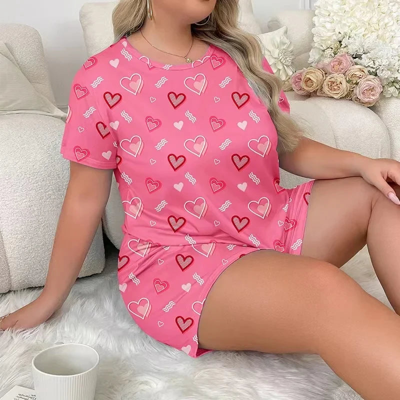 Pink Heart Print Women Sleepwear Pajama Set Nightgowns Short Sleeve Tee and Shorts Nightclothes 3XL 4XL 5XL Smooth