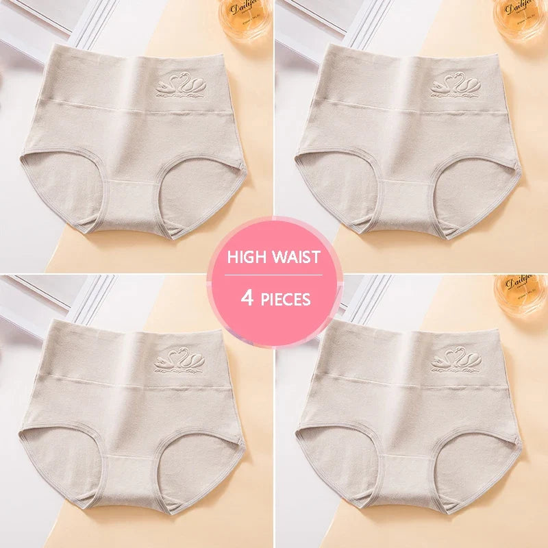 M-5XL 4Pcs/Set High Waist Cotton Panties Women Body Shaper Underwear Soft Print Girls Briefs Slimming Female Lingerie