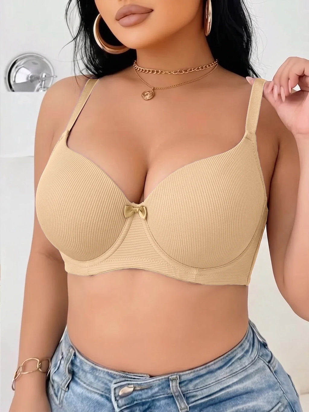 Women's B C D Thin Cup Ribbed Push Up Bra Wide Straps Underwire Side gather Lingerie Comfort Ladies Brassiere