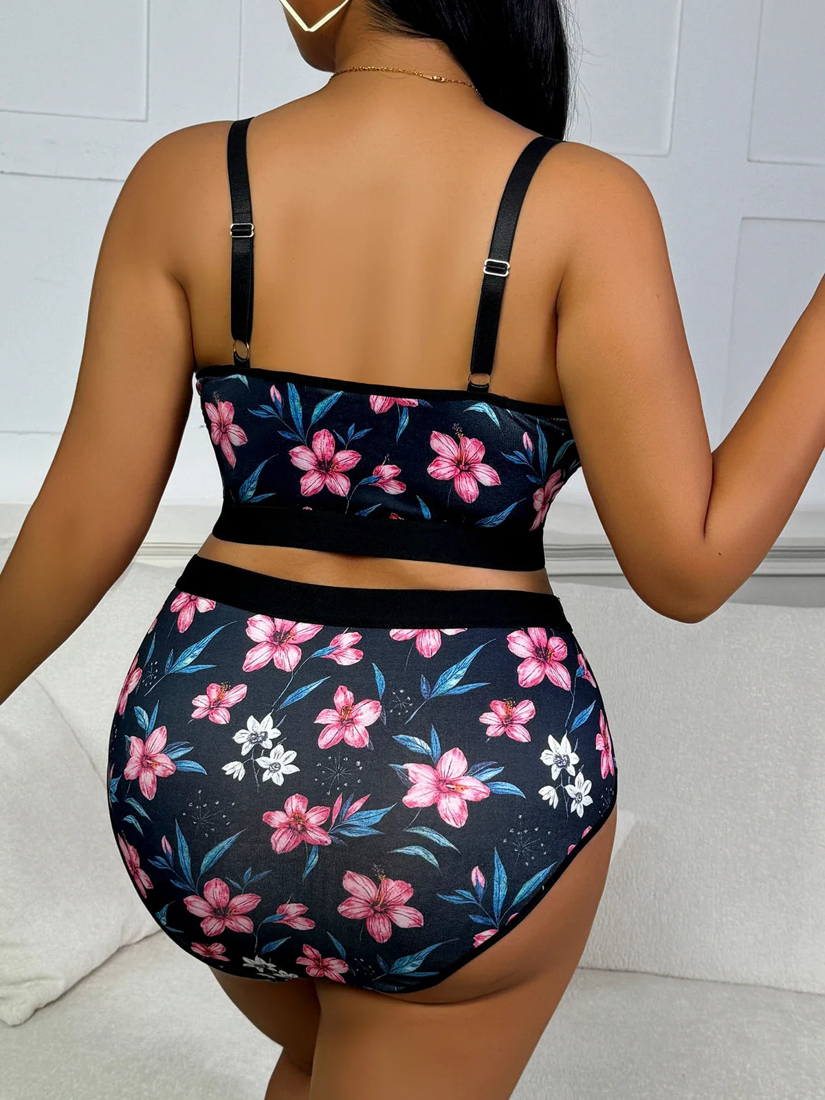 Lace Floral Print Lingerie Set Sexy Wireless Bra Push-Up Thin Breathable Seamless Adjustable