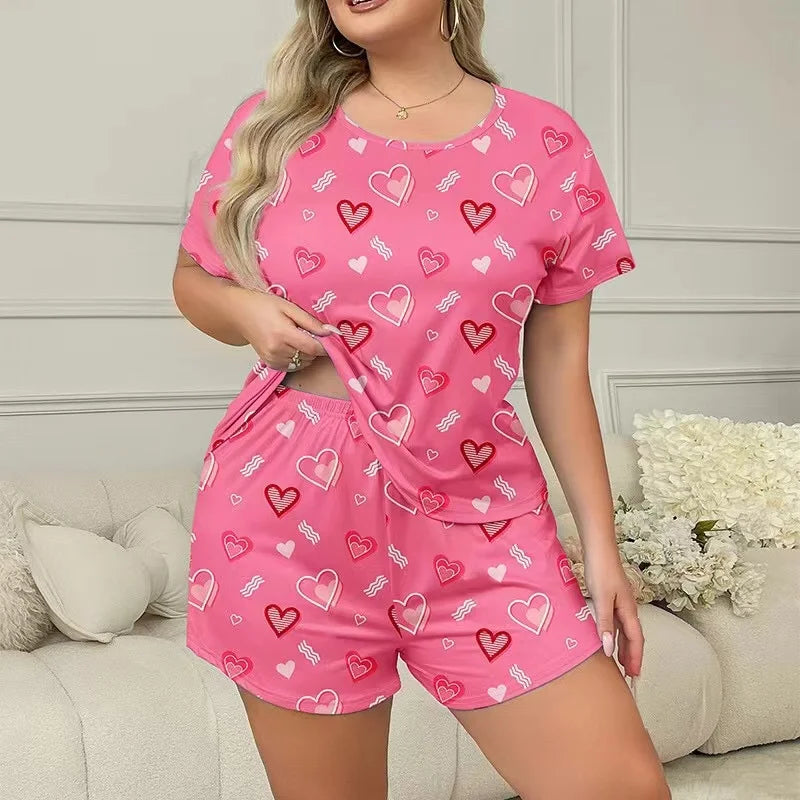 Pink Heart Print Women Sleepwear Pajama Set Nightgowns Short Sleeve Tee and Shorts Nightclothes 3XL 4XL 5XL Smooth
