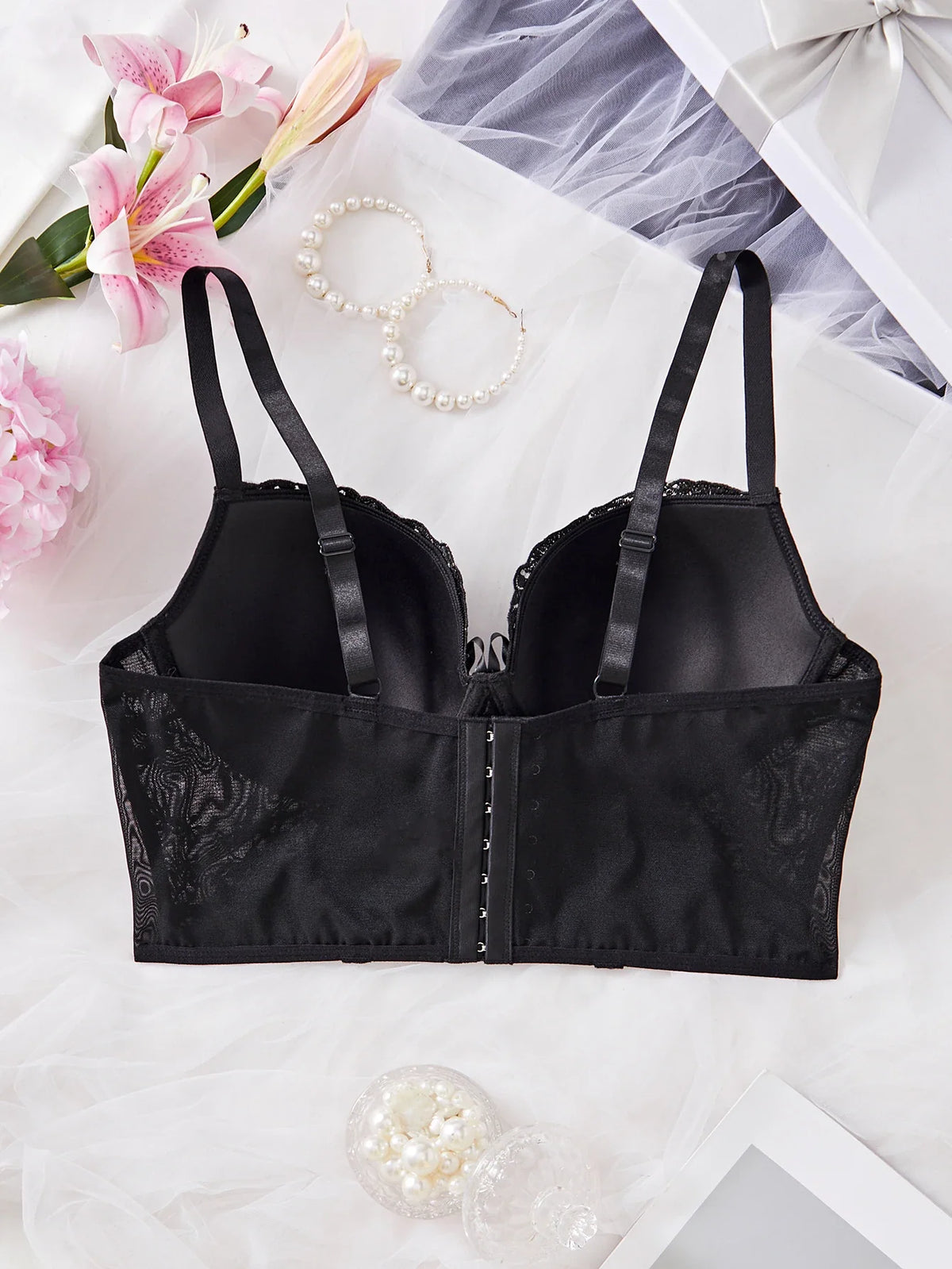 Floral Embroidered Lace Bustier Bra – Push Up, Tummy Control & Non-Slip Corset Top