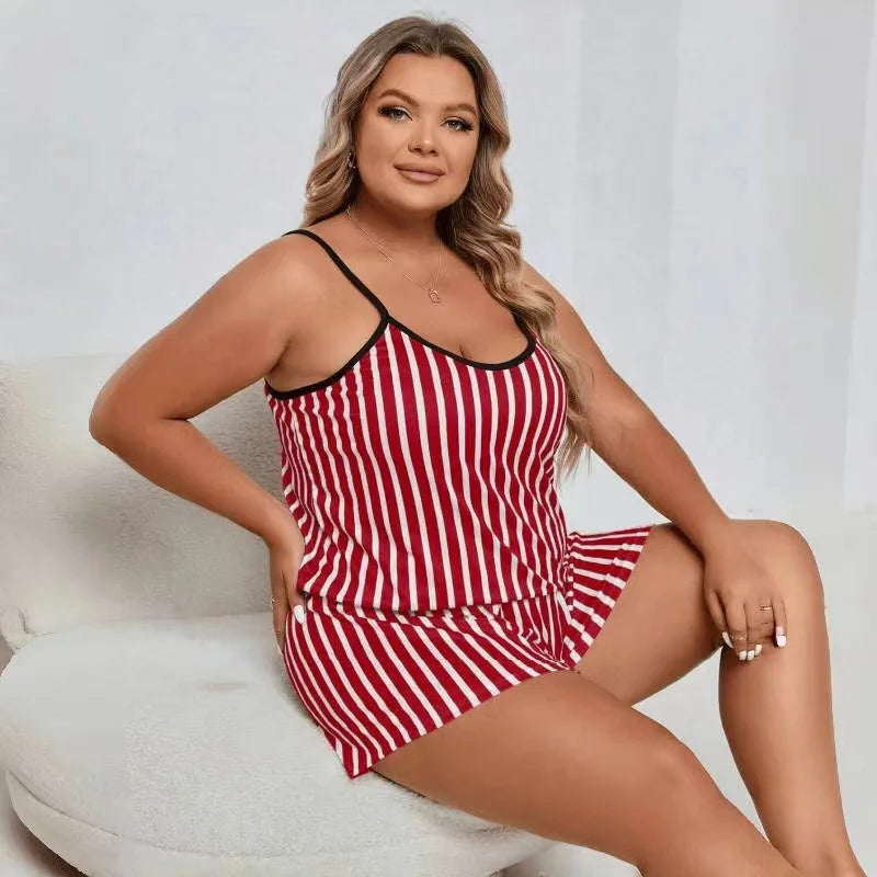Striped Women Pajama Set Sleeveless O Neck Top & Elastic Waist Shorts Heart Print 2 Pieces Female Sleepwear Nightwear