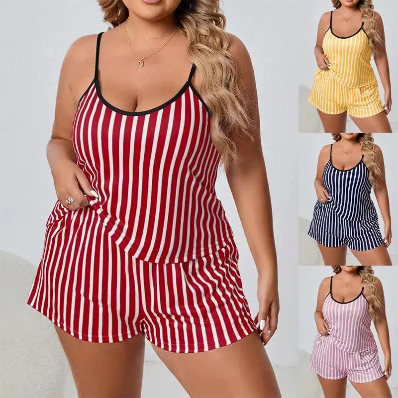 Striped Women Pajama Set Sleeveless O Neck Top & Elastic Waist Shorts Heart Print 2 Pieces Female Sleepwear Nightwear