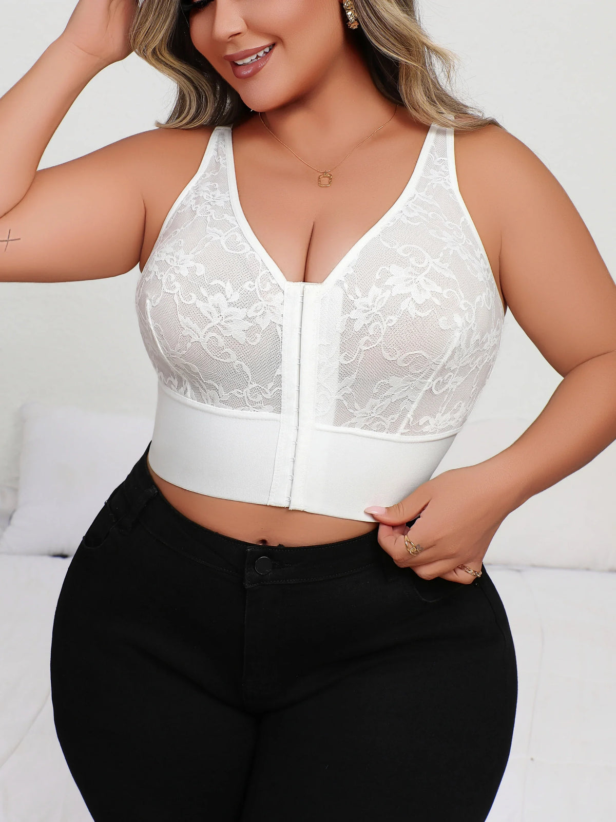 Deep V Lace Lingerie, Sheer Plunge Bra with Front Zip, Open Back & Shaping Support