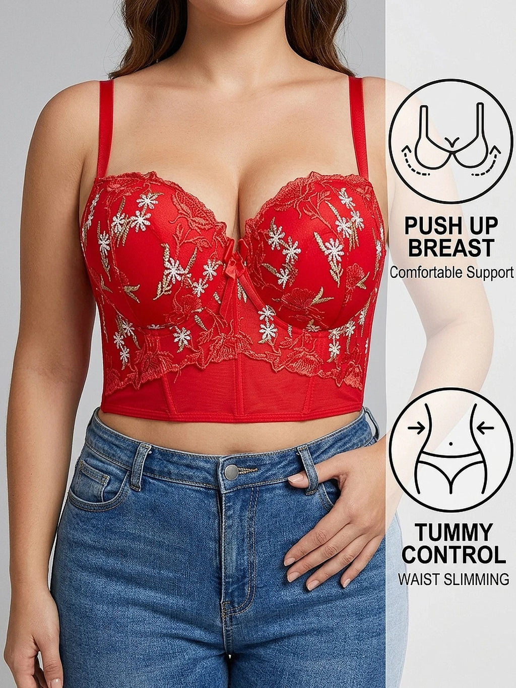 Floral Embroidered Lace Bustier Bra – Push Up, Tummy Control & Non-Slip Corset Top