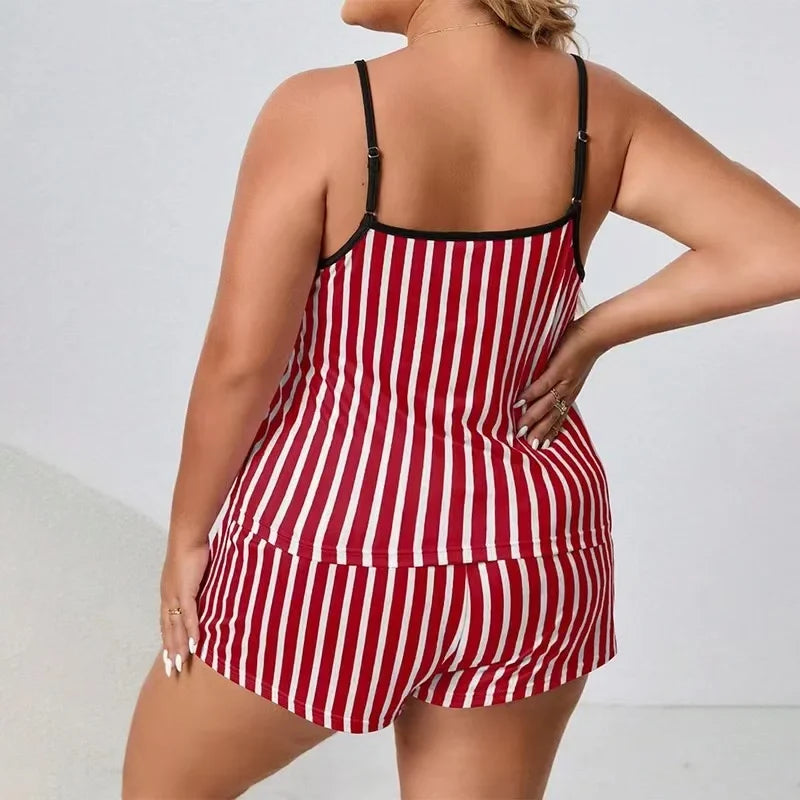 Striped Women Pajama Set Sleeveless O Neck Top & Elastic Waist Shorts Heart Print 2 Pieces Female Sleepwear Nightwear